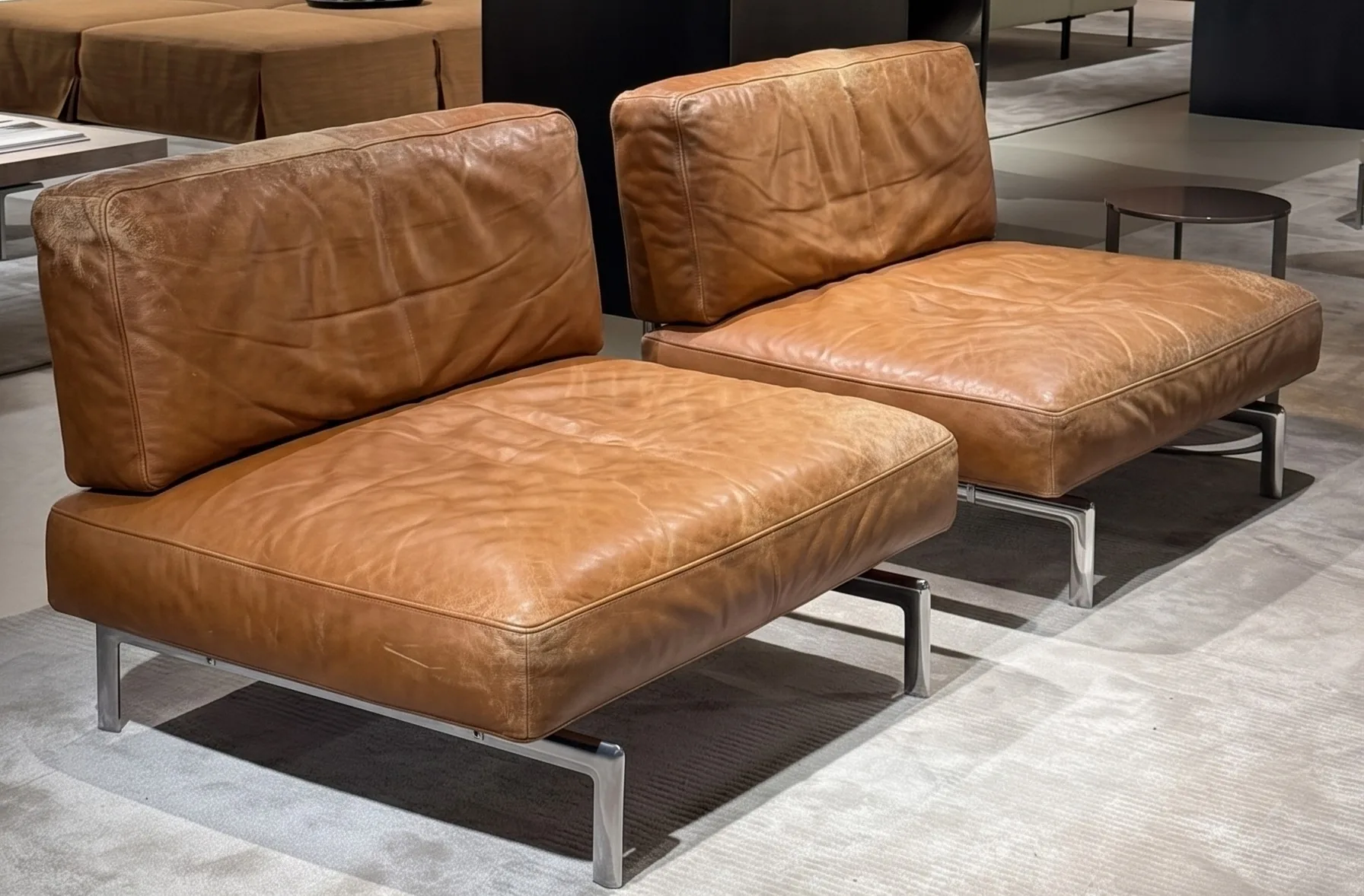 Dry, dull tan leather sectional sofa before restoration